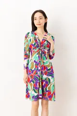 フィフィーユ(FIFILLES)ワンピース T1 T2 T3サイズ 七分袖 膝丈 Vネック 花柄 ジャージー生地 レディース フランス製 ワンピース 大人 上品 きれいめ 着やせ