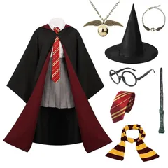 【在庫処分】マント 魔法 コスプレ コスプレ 衣装 グリフィンドール ローブ 仮装 魔法 ハロウィン 学校 制服 8点フルセット (ローブ＋メガネ＋ネクタイ＋スカーフ＋魔法の杖＋ネックレス＋ブレスレット＋魔法の帽子） 小道具付き 男女兼用 [Matreegla
