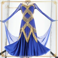 【日本製 社交ダンス衣装】ブルー Chacott チャコット ワンピース ドレス 紺 青 ネイビー ゴールド 高級感 デモ 競技用 落ち感 エレガント 演奏会 おしゃれ パーティ 個性的 発表会