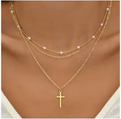 Grace Layer（グレイス・レイヤー）十字架風＆パール風ビーズ 　2連風ゴールドネックレス
