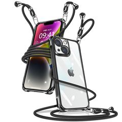 iPhone 14 Plus 케이스 클리어 숄더 iPhone14plus 스마트폰 케이스 아이폰 14plus 커버 어깨걸이 대각선 걸이 줄무늬 케이스 투명 얇은 경량 TPU 휴대 케이스 끈 첨부 대각선 짠 스트랩 첨부 길이 조정 가능 취 0