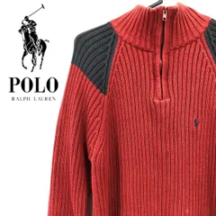 【送料無料!!】 POLO by Ralph Lauren ポロ ラルフローレン ハイネック ハーフジップ コットンニット セーター 赤×グレー Sサイズ コットン100％ 古着 アパレル