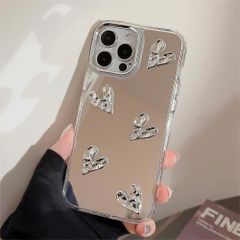 14用、シルバーハート型透明iPhone 13ケース用、かわいい3Dハートミラーガールズ女性メイク電話カバーiPhone 13、iPhone iPhone 14スマホケース用、5つの心