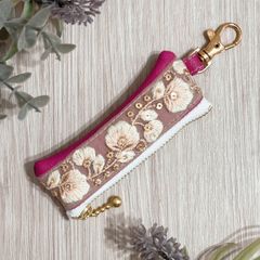 インド刺繍リボン リップケース  印鑑ケース ピンク 合皮 レザー