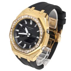 G-SHOCK GA2100 GARISH メタル カスタム フロステッドゴールド ラバーバンド バゲットCZベゼル カシオーク ブラックベルト ステンレス製 艶消しモデル Frosted Edition CASIOAK GOLD【ショールーム展示品】