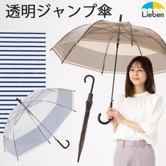 透明プリントジャンプ傘 ボーダー クリア/ブラウン 60cm×8本骨 長傘 ビニール傘 LIEBEN-0647