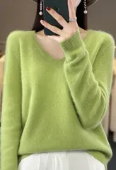 【フルーツグリーン】レディース ニット セーター Vネック 無地 カシミヤ風 柔らか 上質 大人可愛い オフィスカジュアル 秋冬トップス ふんわり 体型カバー シンプル おしゃれ