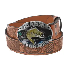 ベルト メンズ ブラックバス 釣り フィッシング バックル PUレザー ブラウン 茶 レア ウェスタン風 かっこいい