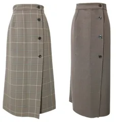 グリーンレーベルリラクシング ユナイテッドアローズ green label relaxing TR リバーシブル ラップ スカート ロング チェック 36 S相当 ブラウン系 X