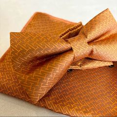 蝶ネクタイ 結婚式 テラコッタ オレンジ メンズ 新郎 二次会 お洒落 ワンタッチ フック式 ボウタイ ハンカチチーフ  無地 フォーマル カジュアル ブライダル n18