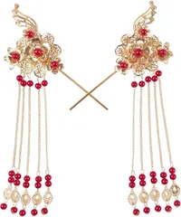 ドナリー かんざし 簪 髪飾り アジアンテイスト 2本セット レディース(レッド)