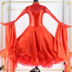 社交ダンス 衣装 スタンダードドレス スタンダード 社交ダンスドレス フロート フリル 競技 レッド系 赤 光沢 フリル ボリューム ワンピース 長袖 パーティ 発表会 レディース