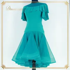 社交ダンス 衣装 ラテン ツーピース セットアップ 上下セット グリーン系 緑 半袖 レッスン 練習着 伸縮 ストレッチ 無地 レース 青緑 S リボン 軽い Dance AMERICA ラテンダンス パーティ用 おしゃれ 重ね着 スカート付き レッスン着