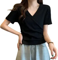 OZBERLI レディース tシャツ 半袖 vネック トップス カットソー 大人 カジュアル きれいめ シンプル 無地 おしゃれ かわいい セクシー エモい 可愛い お洒落 夏 フォーマル(ブラック,  XL)