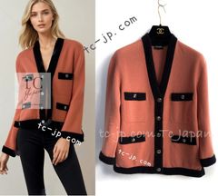 59万 超美品 シャネル CHANEL 2021 ベージュオレンジ レンガ・ブラック・バイカラー・21B カシミア 100・ニット・ジャケット・カーディガン きらきらココボタン 36 38