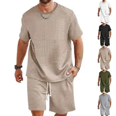 メンズ 上下セット ワッフル 凹凸　半袖Tシャツ ハーフパンツ セットアップ