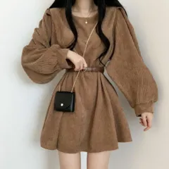 ワンピース ミニワンピ 長袖 コーデュロイ フレア ベルト 秋冬 レディース 韓国ファッション Aライン ウエストマーク 大人可愛い シンプル 無地