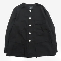 90's ワイズ vintage Y's ヨウジヤマモト Yohji Yamamoto エンブレム 銀ボタン ノーカラー ジャケット ブルゾン ウールギャバジン オールド ビンテージ アーカイブ 黒 ブラック シルバー メンズ レディース