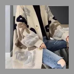 【厚手カーディガン】大きめ アルファベット柄 レディース - カジュアル Vネック ニット セーター ボタン付きアウター コート