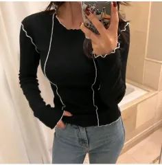 삥줄 バイカラー ポイント スリムフィット Tシャツ 黒 白