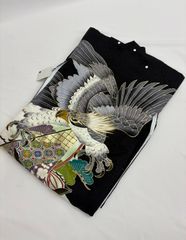 正絹 男の子用お宮参り着物長襦袢 紋入り 黒金束ね熨斗 鷹 のしめ祝着
