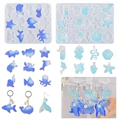 Voyyphixa シリコンモールド オーシャン 海洋 マリンテーマ 自然系 ２個セット レジン UVレジン エポキシ樹脂 DIY 手作り イヤリング キーホルダー チャーム アクセサリー 贈り物 通し穴付き 付属品付き(A)飾ギフト 再利用可能 手芸用品 1