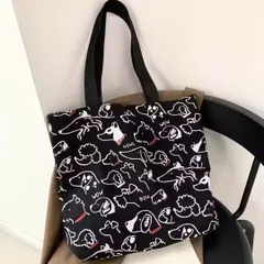 トートバッグ 肩掛け キャンバス素材 軽くてかわいい犬柄 大容量 サブバッグ ブラック 軽量で使いやすい 通勤通学にも便利なかわいいトートバッグ　黒　ブラック