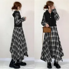 春ワンピース チェック柄 ロングワンピース aラインワンピース フレアワンピース フード付き 春秋 レディース 長袖 切り替えワンピース ドッキング ワンピ40代 xzjhtqx#