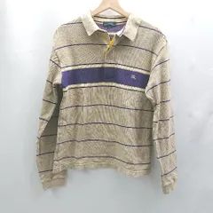 ◇ Θ Burberrys BLUE LABEL ロゴ刺繍 コットン100% 長袖 ポロシャツ サイズL ベージュ パープル メンズ E  【1502030005738】