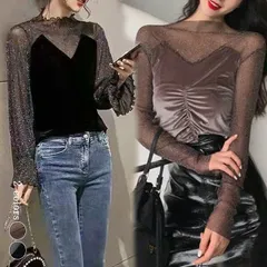 【在庫限り！】2B35 2タイプ ベロアｘシースルーハイネックトップス シースルートップス シースルー カットソー ブラック セクシー レディース