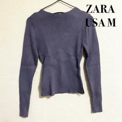 ザラ M トップス リブ ニット ブルーグレー ラウンドネック 長袖 ショート丈 バスト スリット