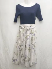 ◇ ◎ Rirandture リランド 楊柳フラワードッキング 五分袖 膝下丈 ワンピース サイズ2 ホワイト ネイビー レディース P  【1407100041756】