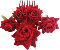 【特価セール】コームヘアピン Uピン 花嫁 髪飾り バラ 花 薔薇 ウェディングヘッドドレス ヘアピン 花飾り ヘアコーム かんざし 前髪クリップ ヘアアクセサリー ブライダル Lurrose 結婚式 和装 パーティー 4個セット (赤色)