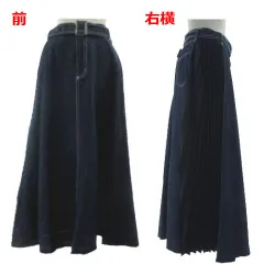 キャサリンロス KATHARINE ROSS スカート デニム フレア サイドプリーツ切替え ロング丈 裾カットオフ ベルト付き コットン ブルー 青 ブラック 黒