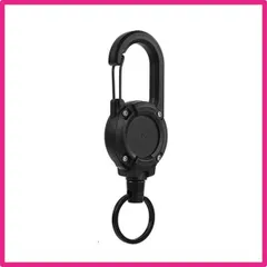 ブラック CRAZY SHARK リールキーホルダー 強力 カラビナ式ピンオンリール キーリール 金属ワイヤー 最長60cm キーチェーン 伸びる 丈夫 紛失防止