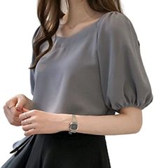 Eve Evan (이브 에반) 이브 에반 부드러운 소매 쉬폰 블라우스 오분 소매 탑스 풍선 소매 (블루, L)