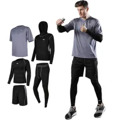 [Ademe] メンズ コンプレッションウェア セット トレーニングウェア 5点セット 通気防臭 スポーツウェア ランニングウェア パーカー 長袖シャツ 半袖シャツ ハーフパンツ タイツ 吸汗速乾