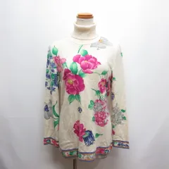 レオナール LEONARD カシミヤ100％ 花柄 タートルネック 長袖 ニット カットソー M アイボリー 肩パッド着脱 日本製