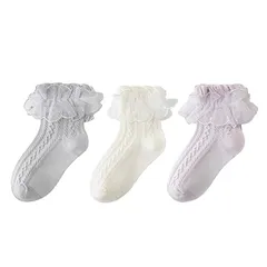 【新品】 [ZGKULAEAOW] 2重レース ソックス お姫様 子供 女の子 ガールズ キッズ 靴下 フォーマル ベビーソックス ジュニア 3足セット 可愛い 発表会 入園式 入学式 (JP, 数字サイズ, 19.0 cm, 23.0 cm, グレー＆オ 1