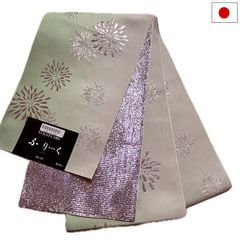 半幅帯（花火柄：グリーン系）キラキラ ラメ入り 日本製 ロング 長尺 リバーシブル 細帯 浴衣 着物 小紋 レディース 女性 和装 和服