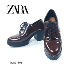 ZARA ドレスシューズ トラックソール チャンキーヒール レースアップ 36 ブラウン レディース ザラ ブーティ hws01591