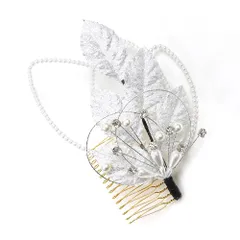 髪飾り コーム型 水引 ラインストーン パール シルバー 白 キラキラ ラメ リーフ 葉 丸 円 サークル 小さい かんざし かわいい No.9-3418