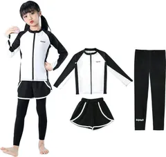 新品 [WindTour] 水着 女の子 セパレート スクール水着 女子 上下セット 子供 キッズ ラッシュガードセット スイムウェア ガールズ セパレート【長袖ラッシュガード +レギンス＋ショートパンツ】UVカット 130 140 150 160