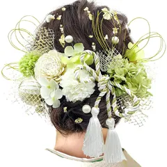 [JZOON] 髪飾り 成人式 髪飾り 9色 ドライフラワー 造花飾り 水引 紐 ヘアーアクセサリー 和玉 かすみ草 金箔 人気 和服 着物 振袖 袴 花 浴衣 成人式 七五三 結納 卒業式 入学式 結婚式 発表会 緑 T1304