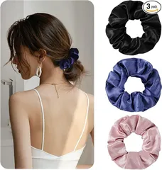 Annhua 100%シルク ヘアゴム シルクヘアゴム 3本セット 髪留め シルクヘアタイ おしゃれ シュシュ まとめ髪 きれいな髪飾り ブラック＆ブルー＆ピンク 無地 ヘアアクセサリー 女性 レーディスプレゼント 大人可愛い