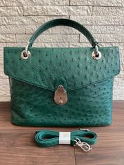 OSTRICH オーストリッチ レザー ハンドバッグ カーキ フラップ 金具