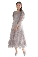 [MORE AUNI] 結婚式 ドレス レディース パーティ ワンピース ボタニカル柄 刺繍ドレス 結婚式およばれワンピース レース 五分袖 パーティードレス 1.5次会 2次会 披露宴 お呼ばれ 食事会 発表会 32 [チャコール / 324243] [S]