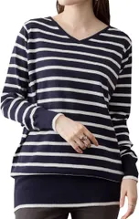 NEKORA Vネック ボーダー ニット 綿100 セーター トップス レディース カットソー 秋冬服 ドルマンスリーブ ニットセーター セクシー あたたか 韓国風 おおきいサイズ ニットワンピース( ネイビーオフホワイト,  LL-3L)