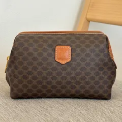 【美品】セリーヌ マカダム コスメポーチ 小物入れ PVC カーフ レザー バック 本革 バッグ ブラウン系 ゴールド金具 肩掛け かばん Celine Vintage Bag Pouch Triomphe Monogram 22230