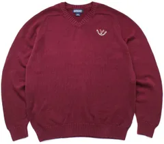 90s USA製 LANDS'ENDランズエンド KEITH VALLY RANCH刺繍 Vネック サドルショルダー コットンニット セーター バーガンディ L★オールド